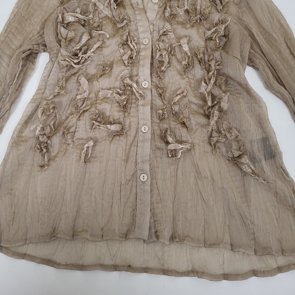 Sheer button down blouse blouse ruffles bell sleeve silky translucent camel - Picture 8 of 12